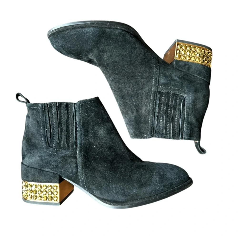 Jeffrey Campbell Metcalf-J2 Black Suede Chelsea Ankle Bootie Jeweled Heel